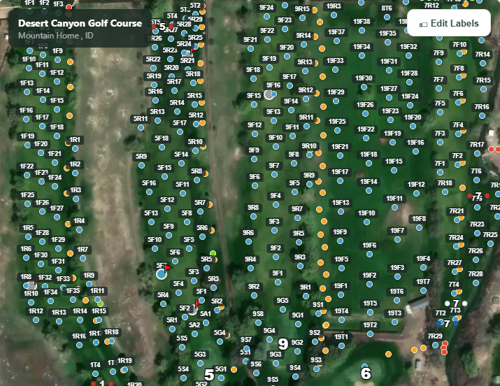 OpenValve map showing every irrigation asset on a real golf course, each with its own designator